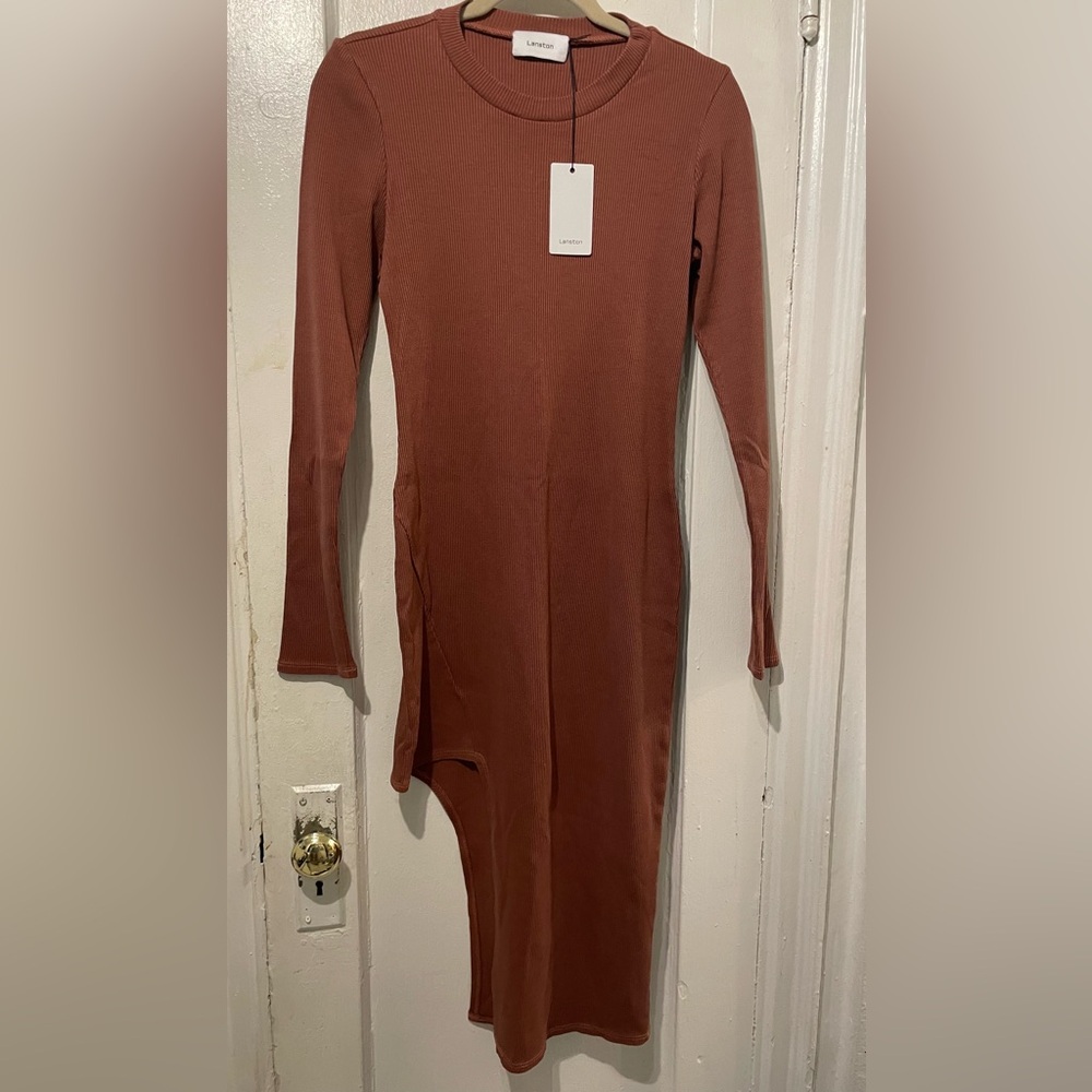 Long Sleeve Ribbed Midi Dress in Rust by LAFORMELA